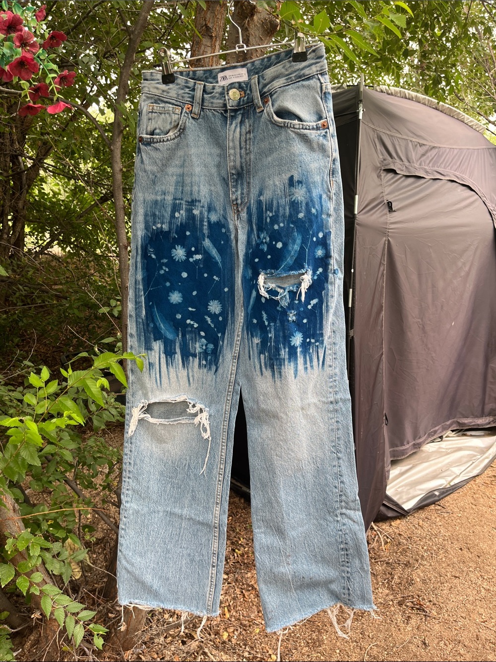 Zara Light Blue Denim Wide Leg Jeans with custom cyanotype designs. One of a ki